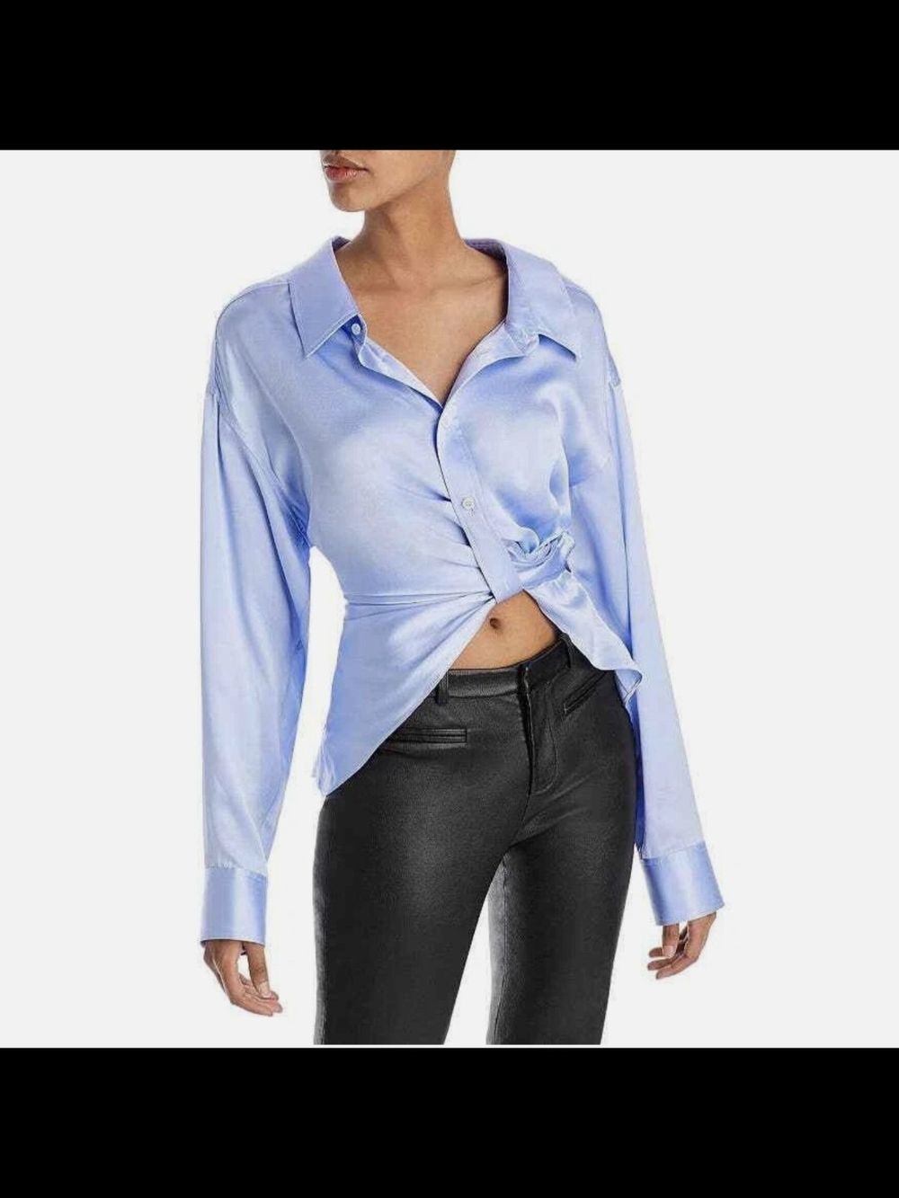 ALEXANDER WANG BLUE SATIN GATHERED BUTTON-UP THREADED PLACKET SHIRT